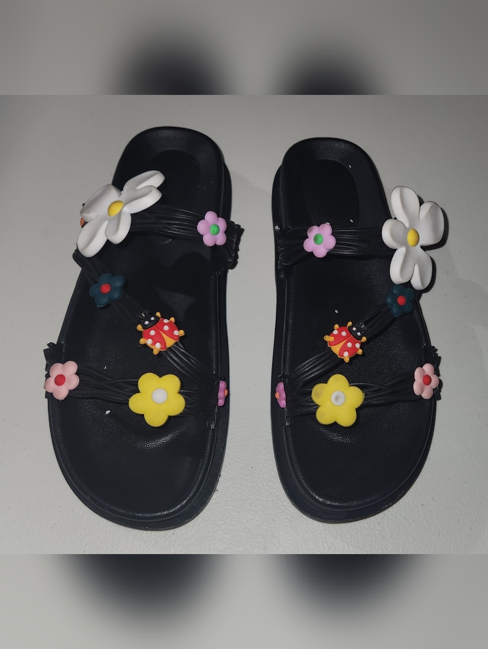 Girl's Cute Black Floral Slide Sandals with Flowers Size EU 38-39 US 6-7